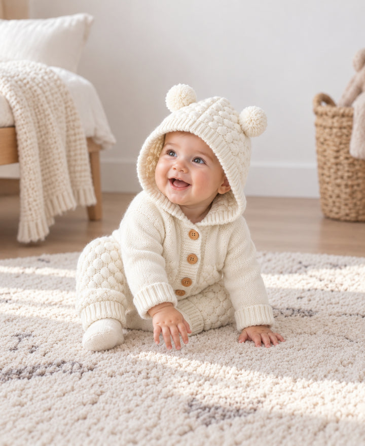 Combinaison bébé tricotée ours à capuche boutonnée