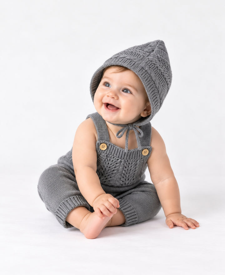 Salopette bébé tricotée avec bonnet assorti