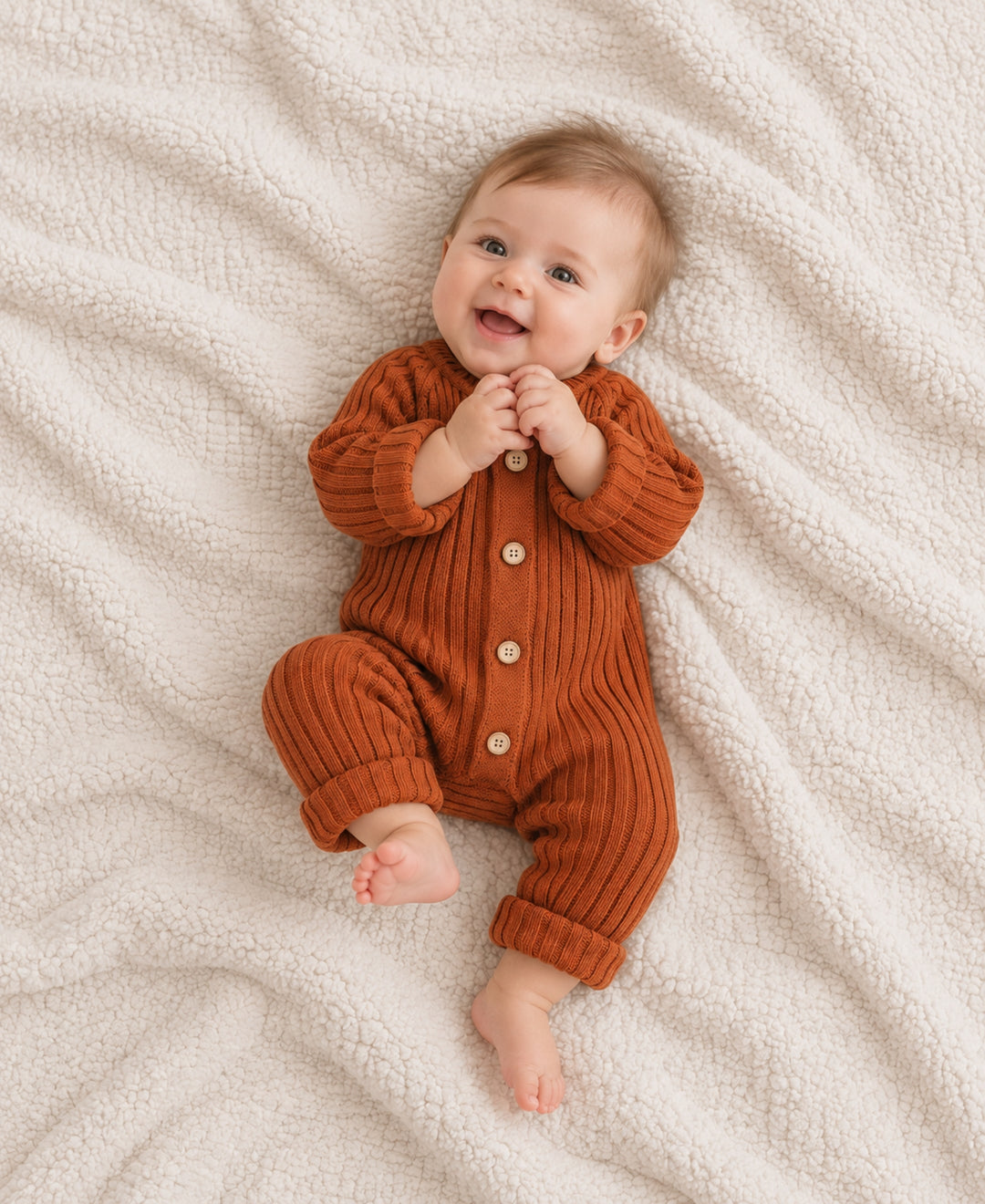 Barboteuse bébé tricotée côtelée à boutons coupe rétro