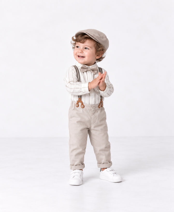 Ensemble bébé chic chemise body pantalon bretelles nœud papillon