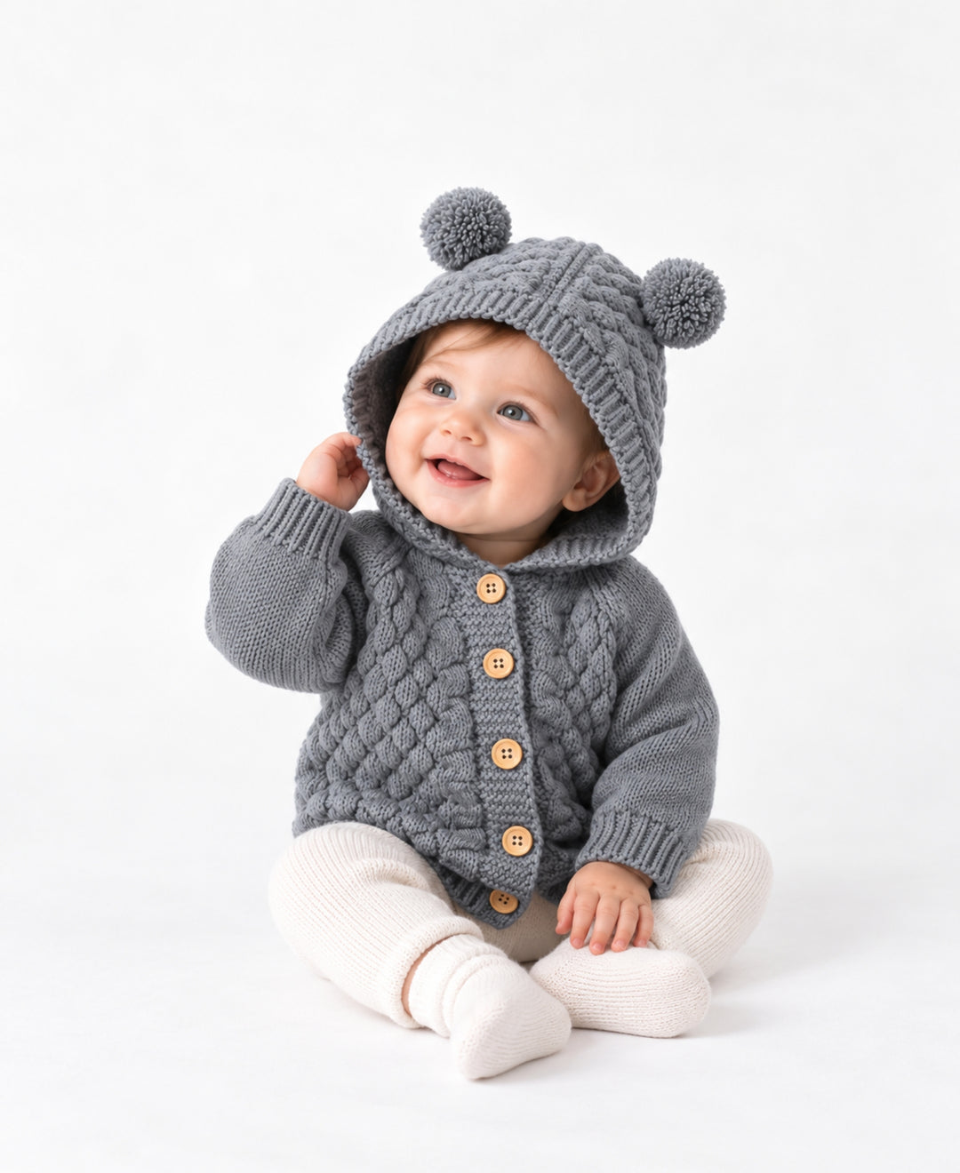 Gilet bébé tricoté à capuche avec oreilles d'ourson et boutons
