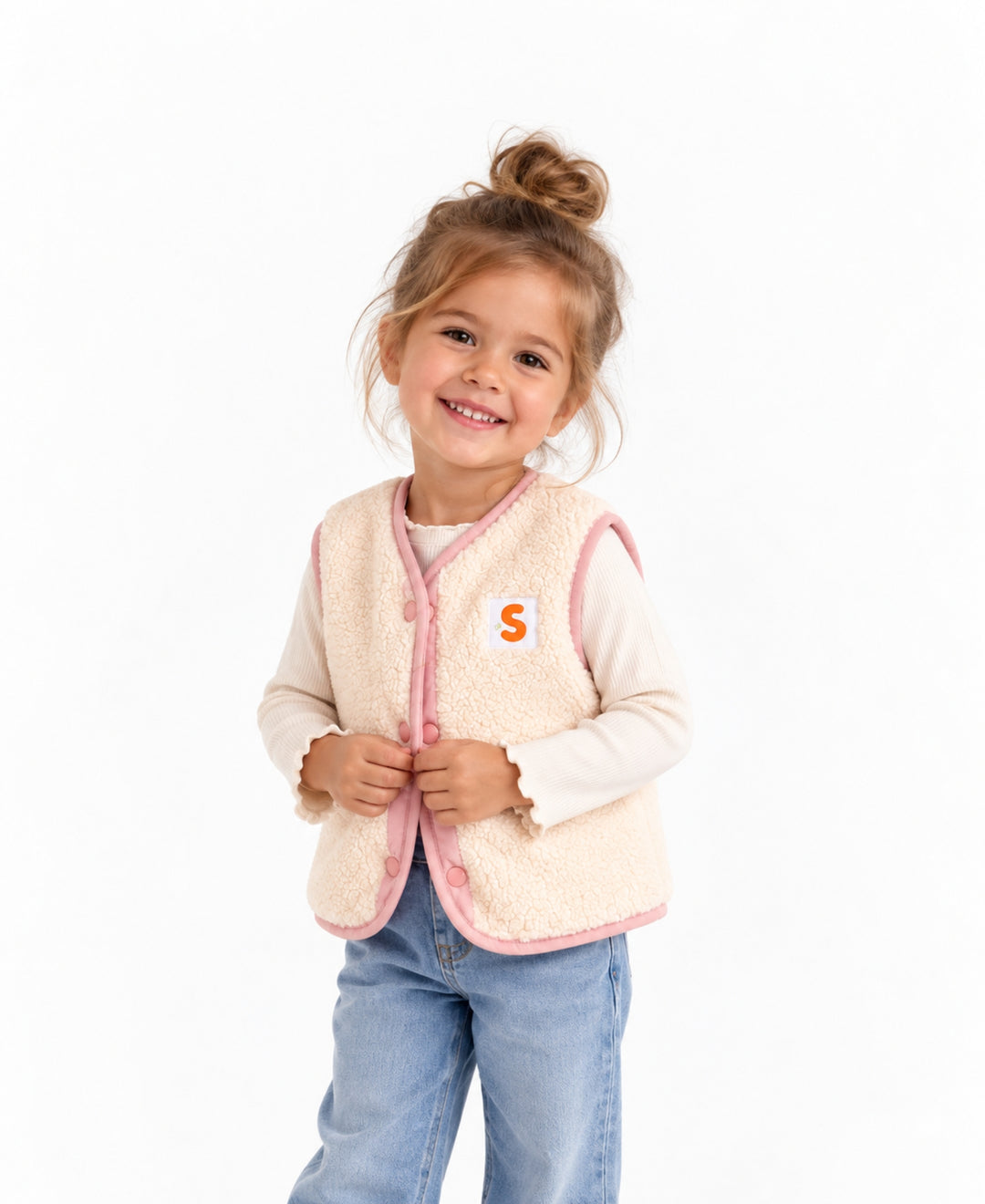 Gilet bébé enfant réversible matelassé et effet laine à boutons