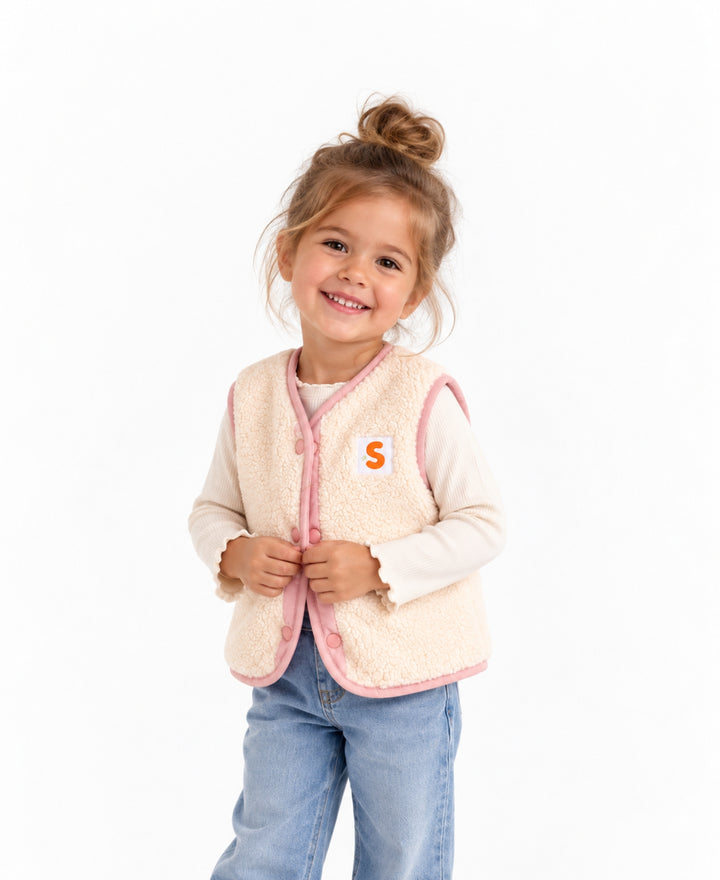 Gilet bébé enfant réversible matelassé et effet laine à boutons