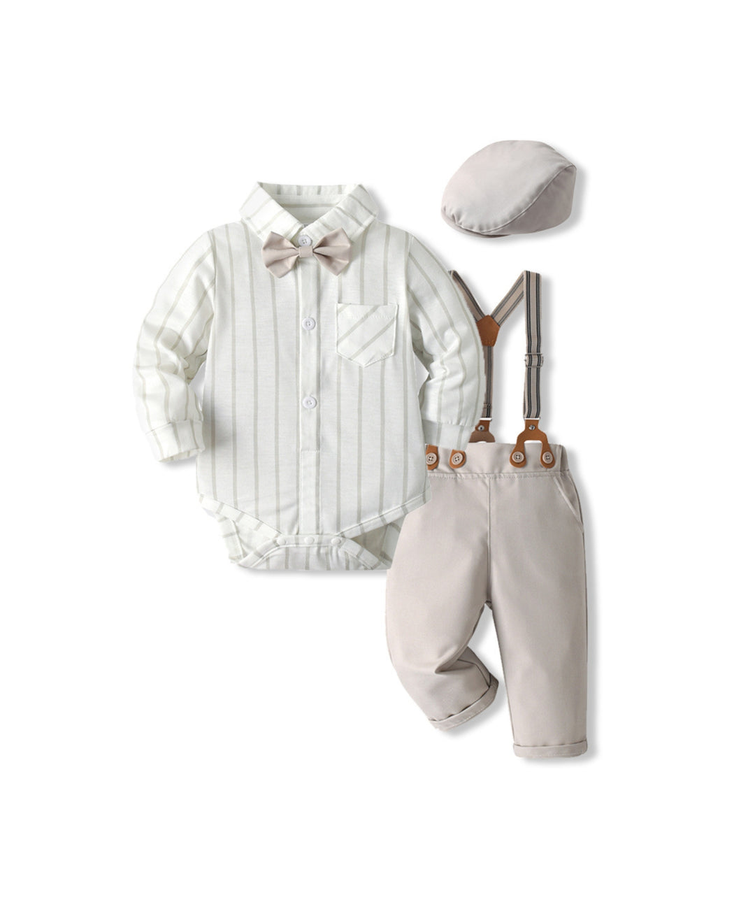 Ensemble bébé chic chemise body pantalon bretelles nœud papillon