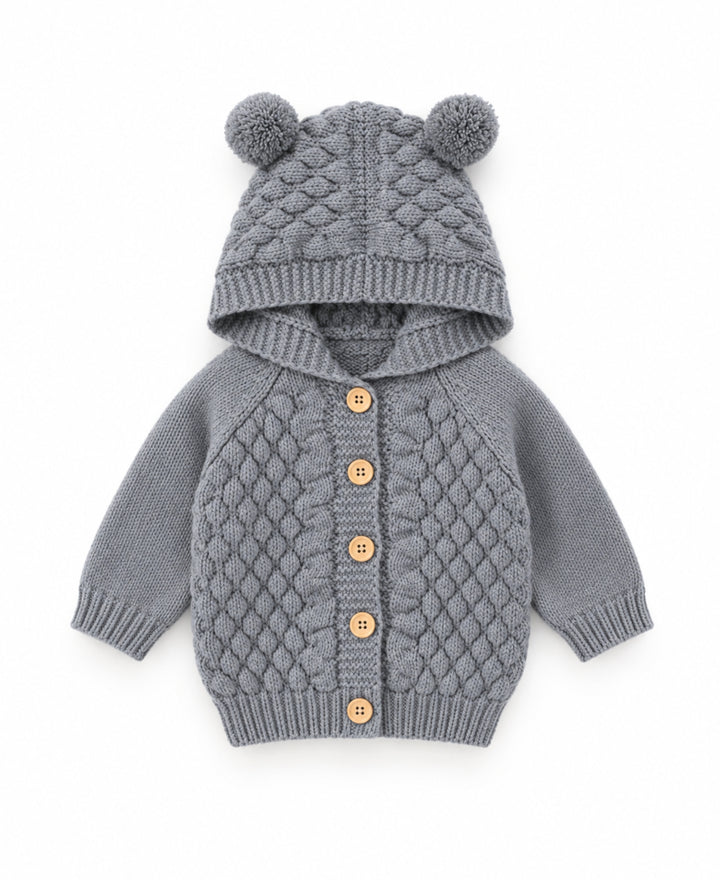 Gilet bébé tricoté à capuche avec oreilles d'ourson et boutons