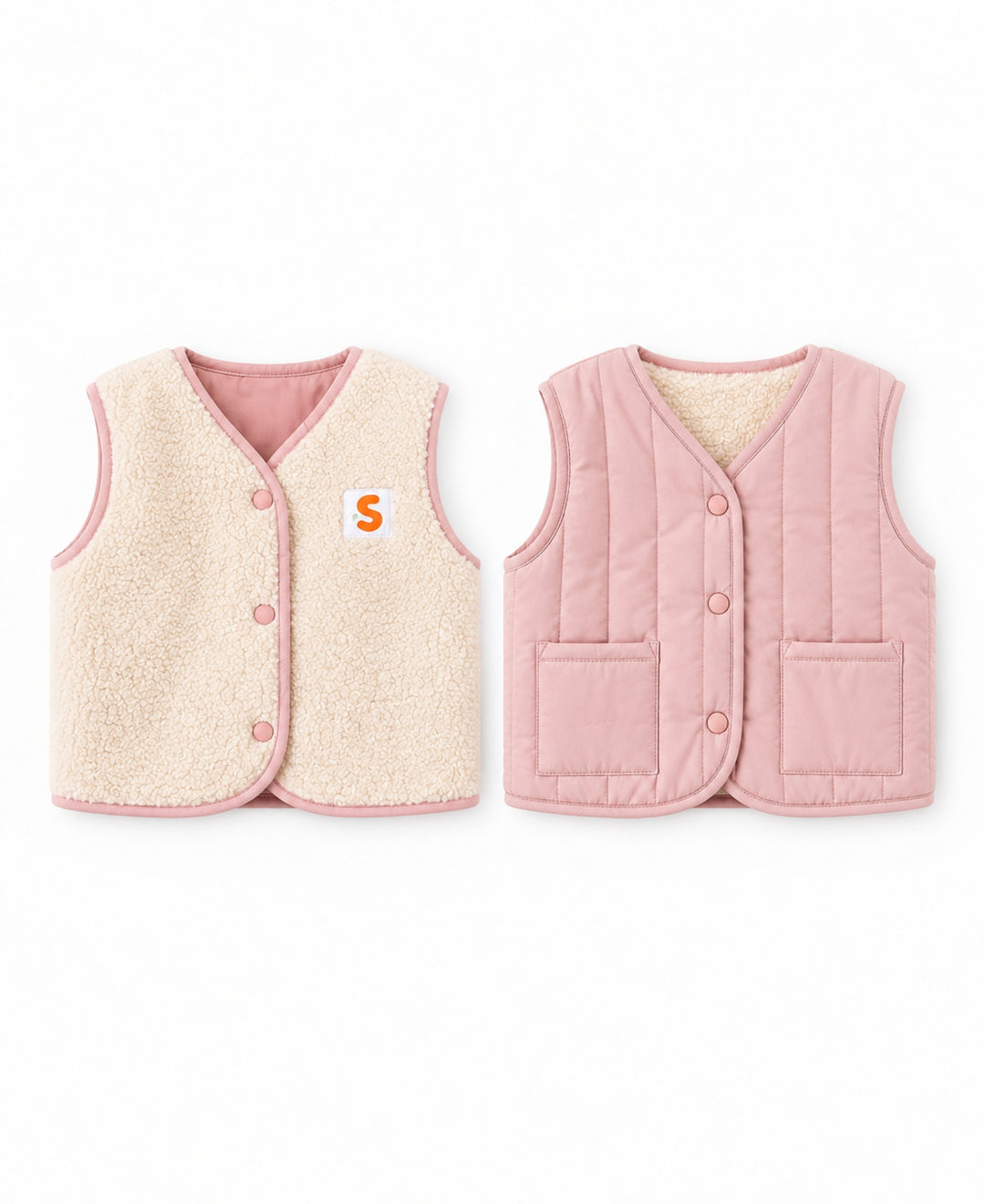 Gilet bébé enfant réversible matelassé et effet laine à boutons