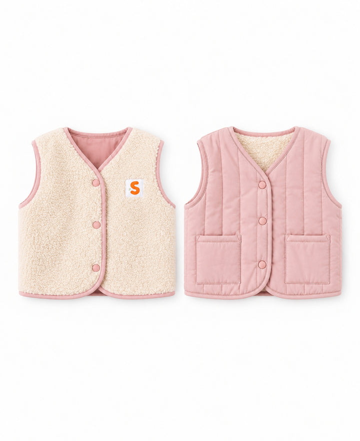 Gilet bébé enfant réversible matelassé et effet laine à boutons