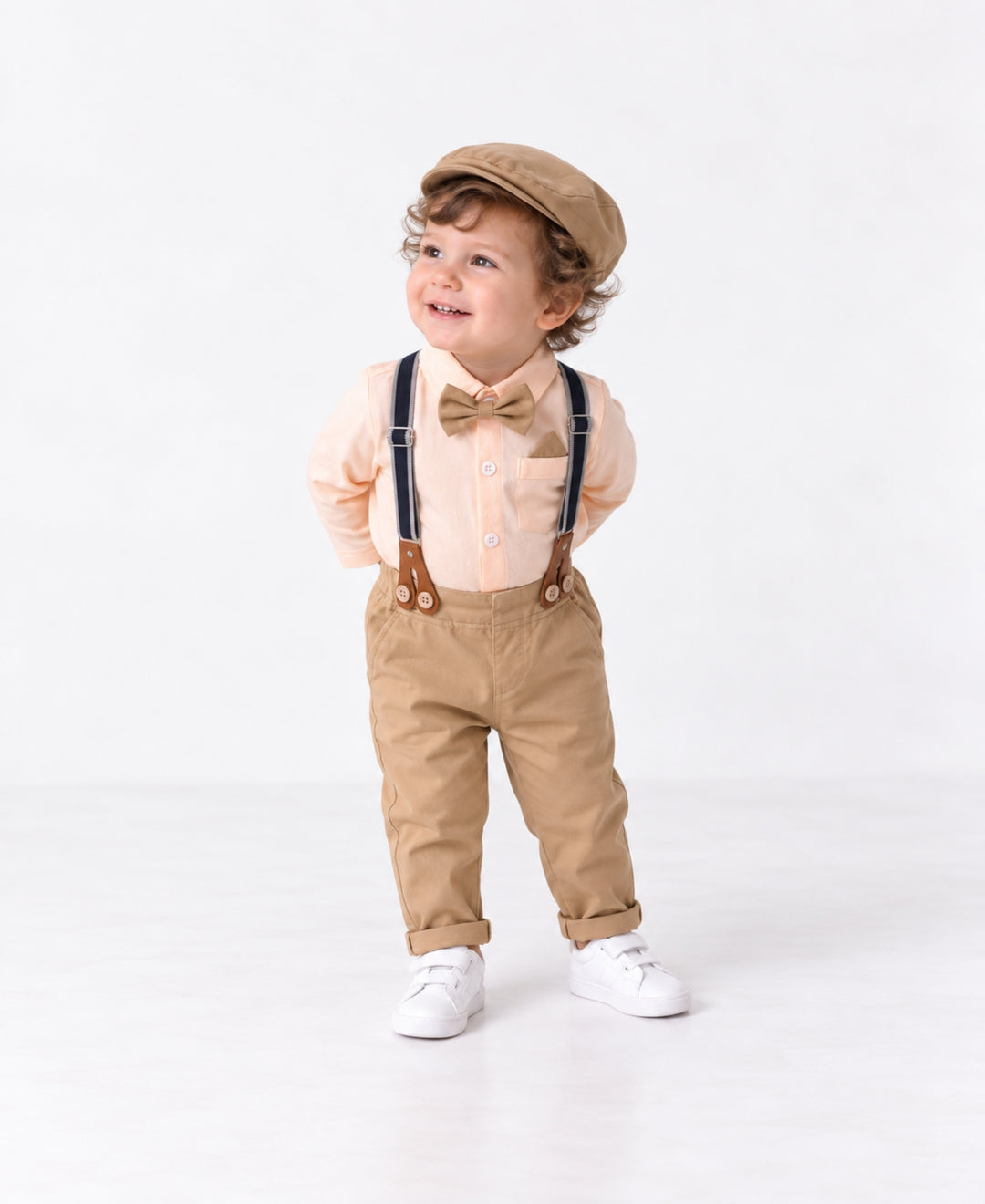 Ensemble bébé chic chemise body pantalon bretelles nœud papillon