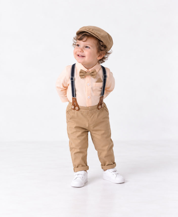 Ensemble bébé chic chemise body pantalon bretelles nœud papillon