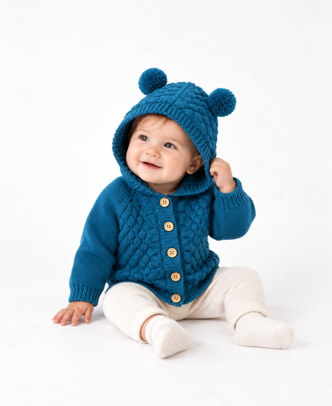 Gilet bébé tricoté à capuche avec oreilles d'ourson et boutons