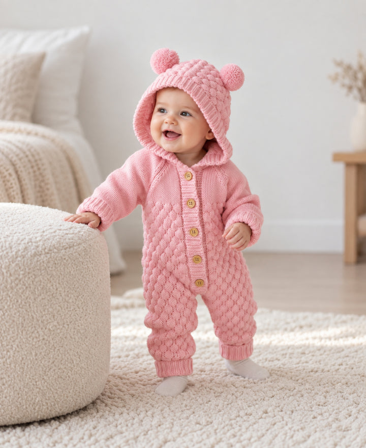 Combinaison bébé tricotée ours à capuche boutonnée