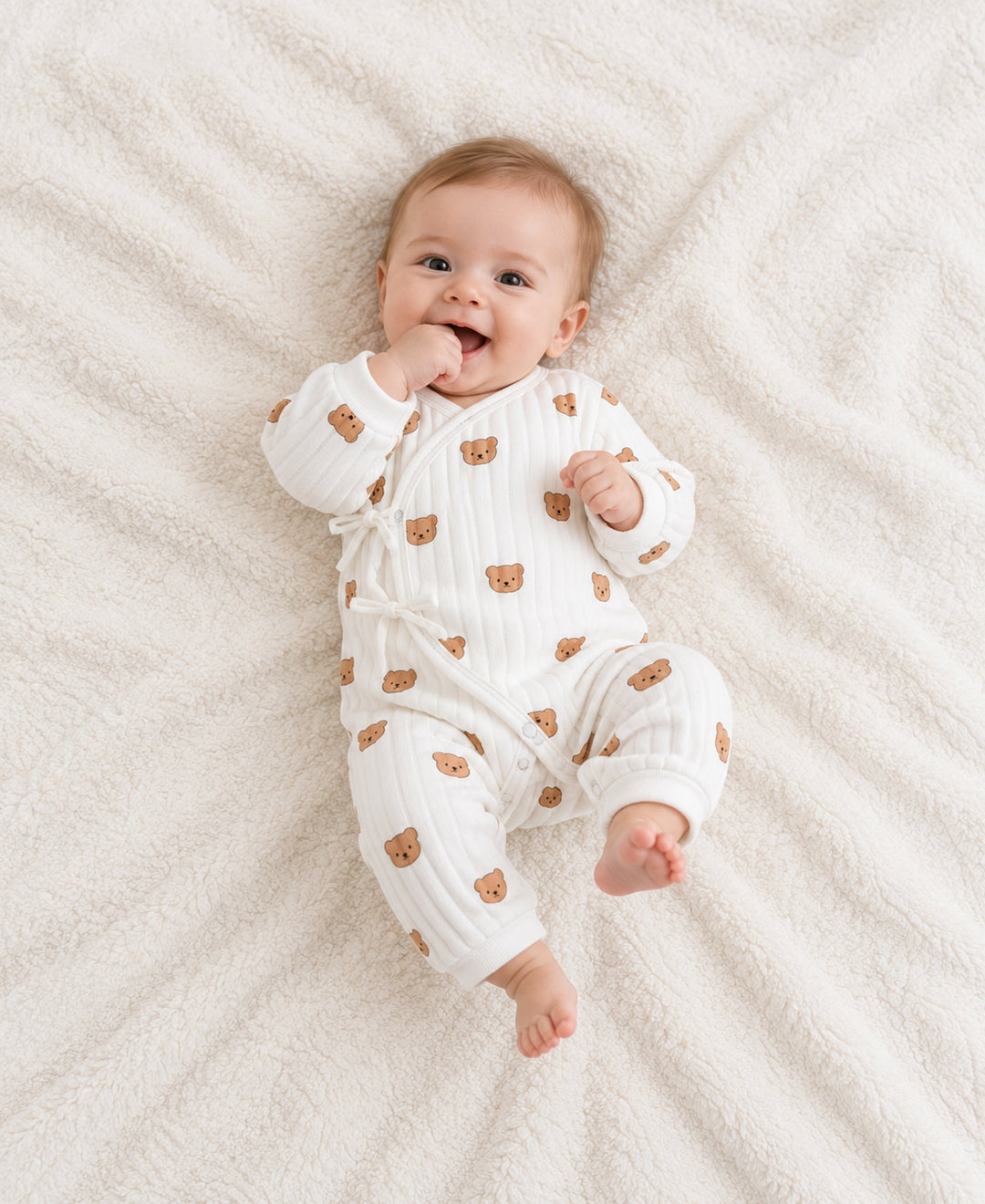 Pyjama bébé côtelé manches longues fermeture croisée motif ourson