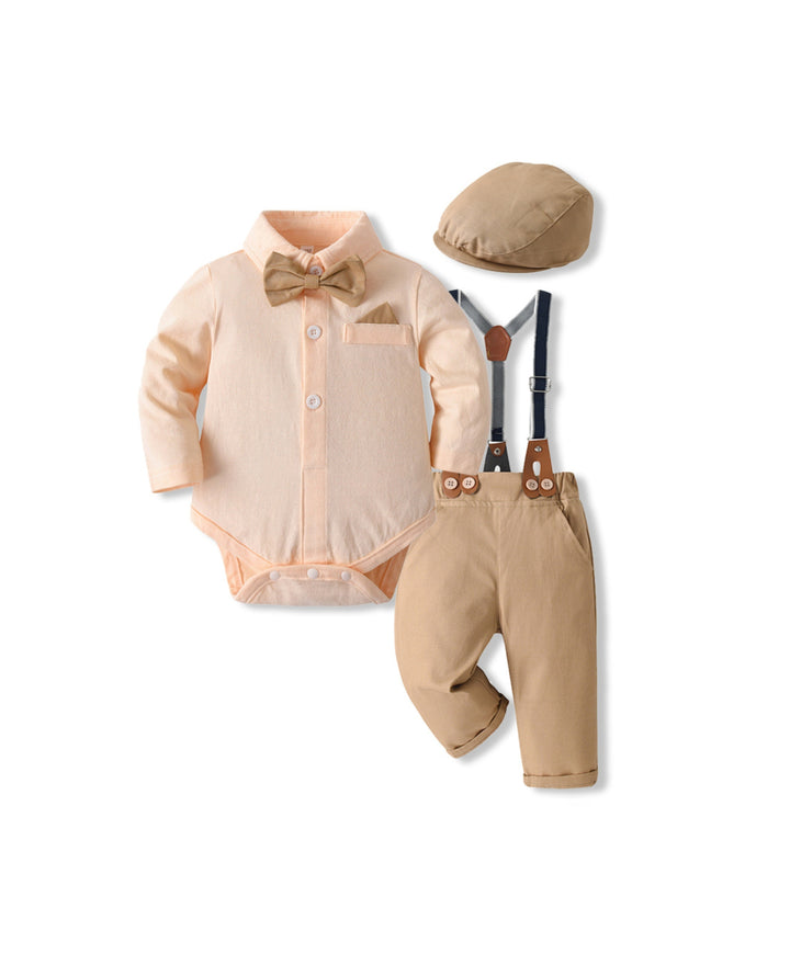Ensemble bébé chic chemise body pantalon bretelles nœud papillon