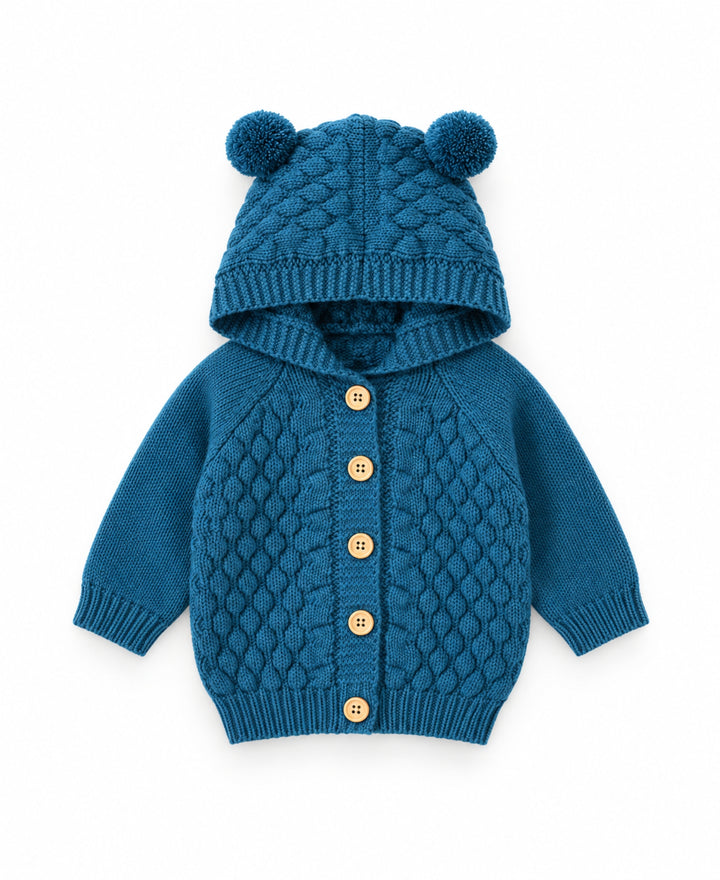 Gilet bébé tricoté à capuche avec oreilles d'ourson et boutons