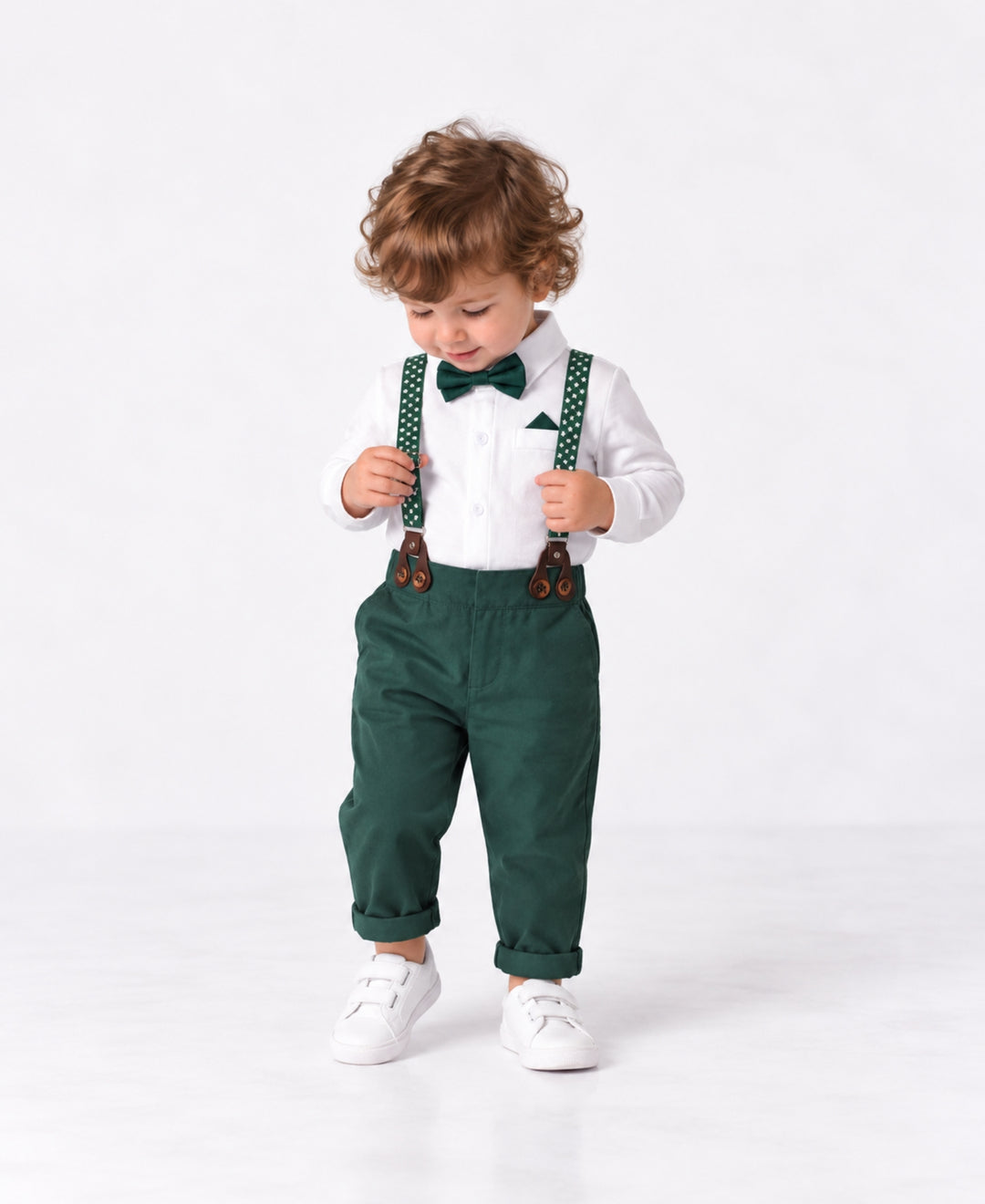 Ensemble bébé chic chemise body pantalon bretelles nœud papillon