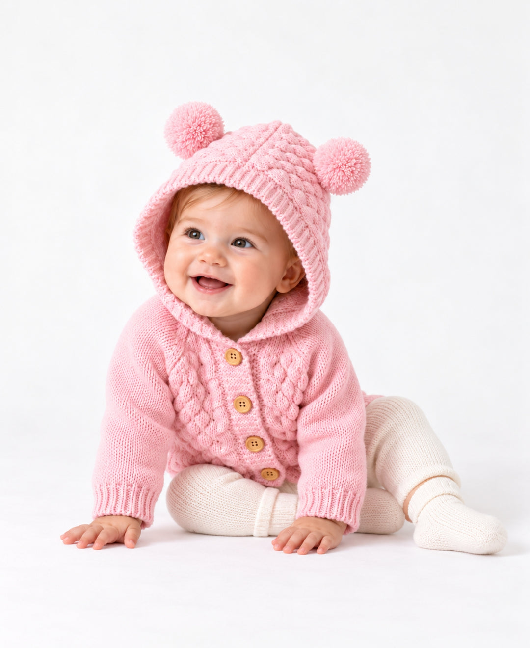 Gilet bébé tricoté à capuche avec oreilles d'ourson et boutons