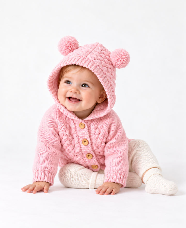 Gilet bébé tricoté à capuche avec oreilles d'ourson et boutons