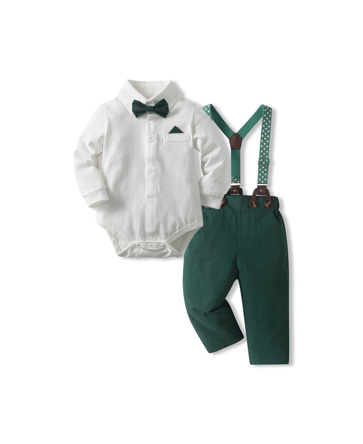 Ensemble bébé chic chemise body pantalon bretelles nœud papillon