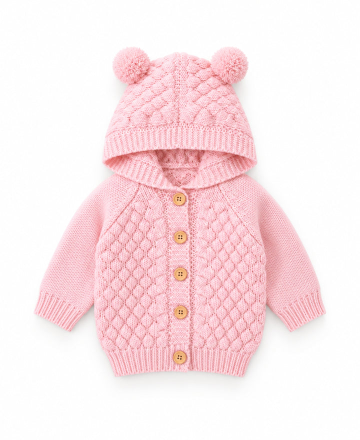 Gilet bébé tricoté à capuche avec oreilles d'ourson et boutons