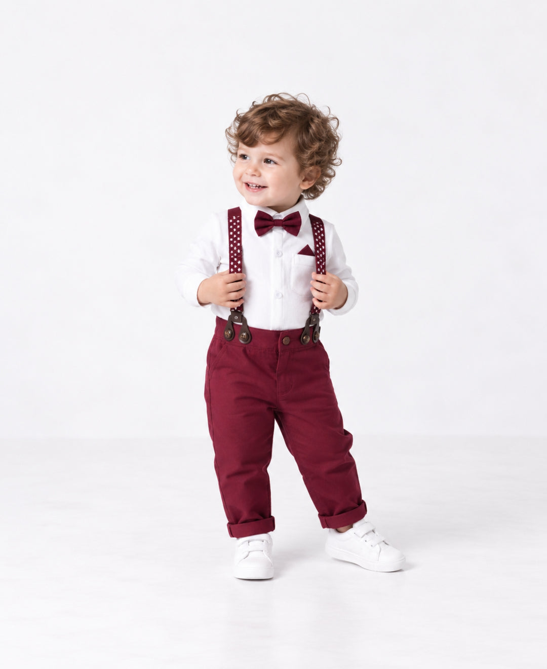 Ensemble bébé chic chemise body pantalon bretelles nœud papillon