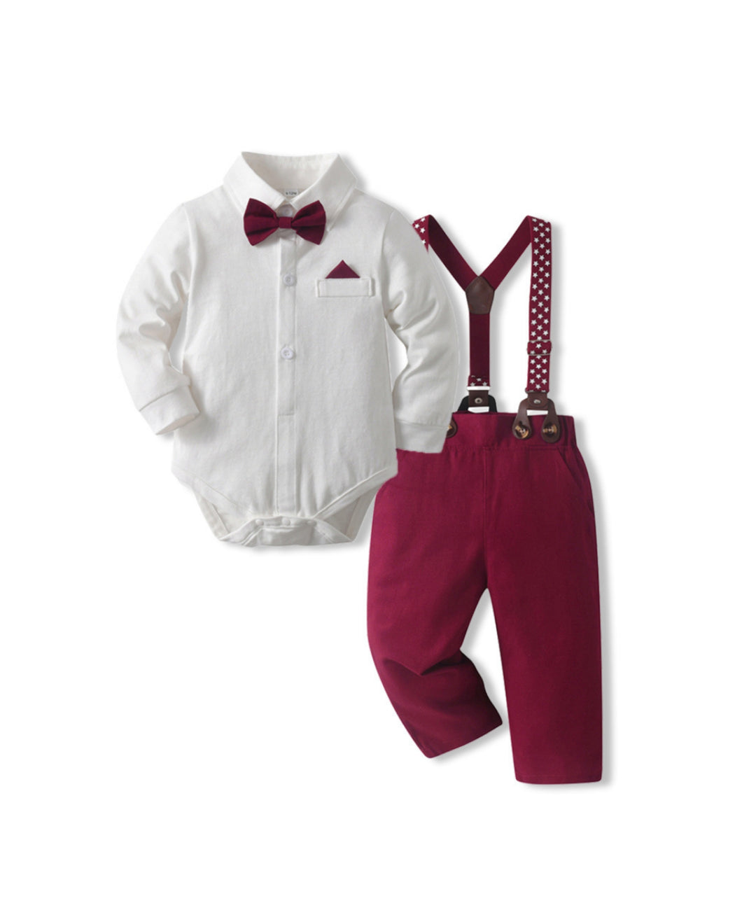 Ensemble bébé chic chemise body pantalon bretelles nœud papillon