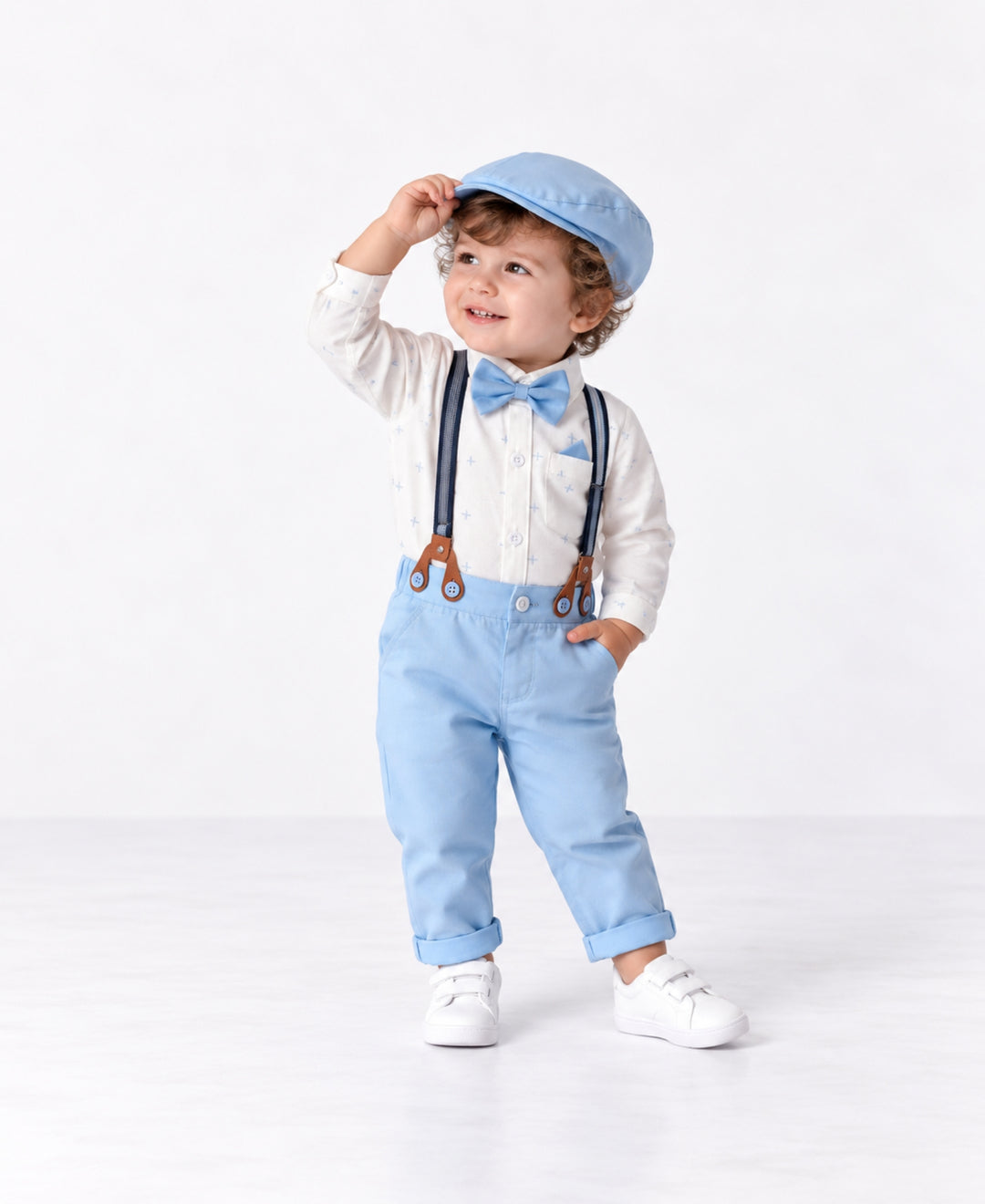 Ensemble bébé chic chemise body pantalon bretelles nœud papillon