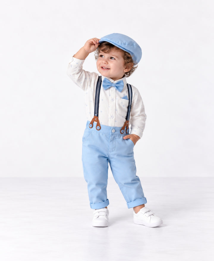 Ensemble bébé chic chemise body pantalon bretelles nœud papillon