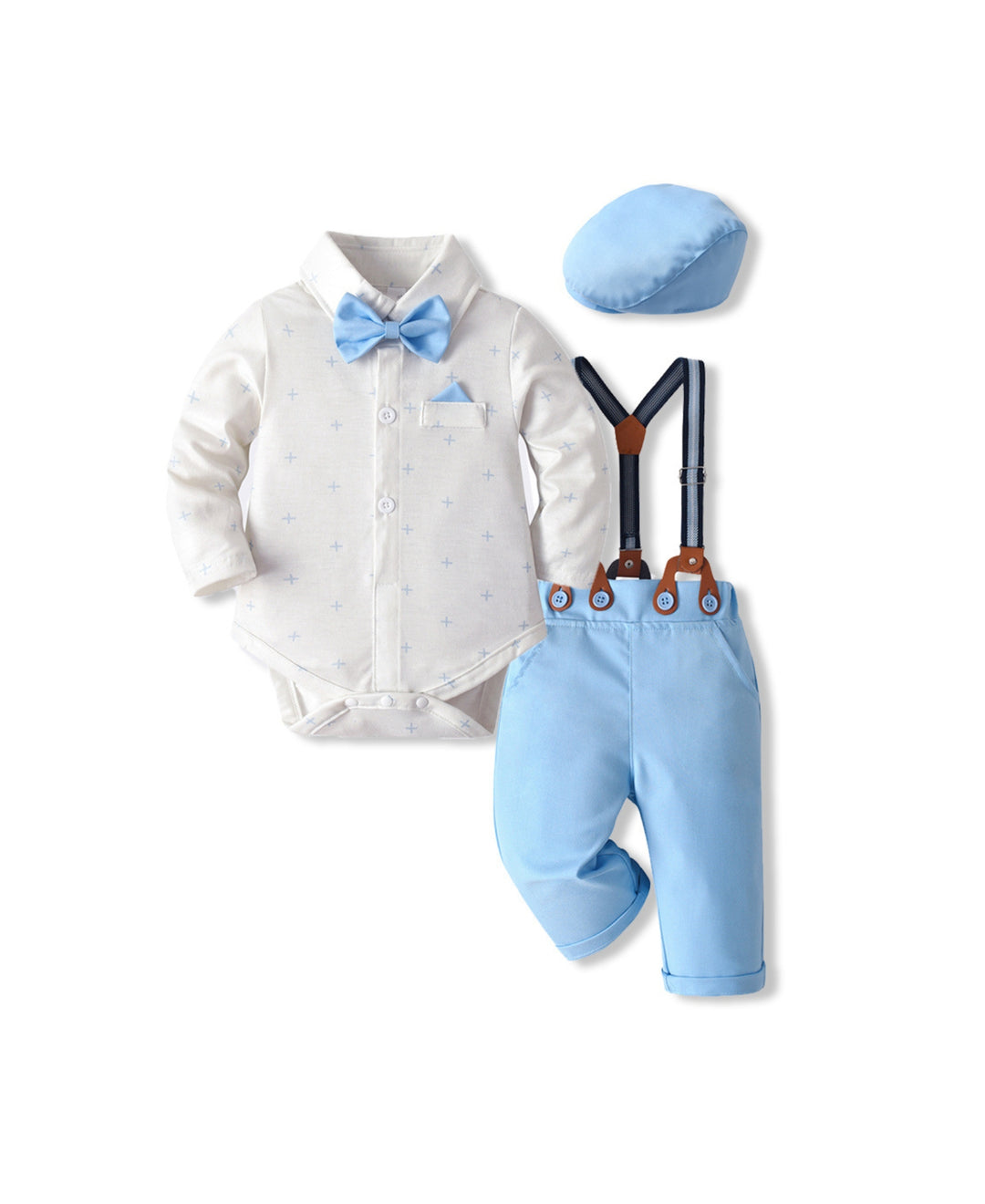 Ensemble bébé chic chemise body pantalon bretelles nœud papillon